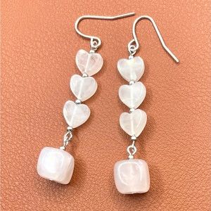 Rose Quartz heart Dangle Earrings - 925 Sterling Silver earring hooks